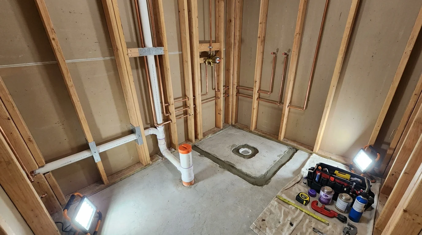 Bathroom rough-in plumbing during remodel by Johns Plumbing LLC in Black Mountain