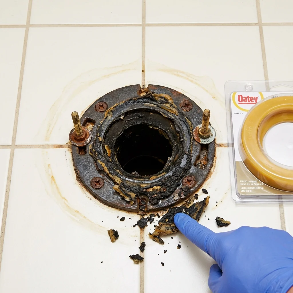 Failed wax ring showing water seepage at the base of a toilet in a Black Mountain, NC home